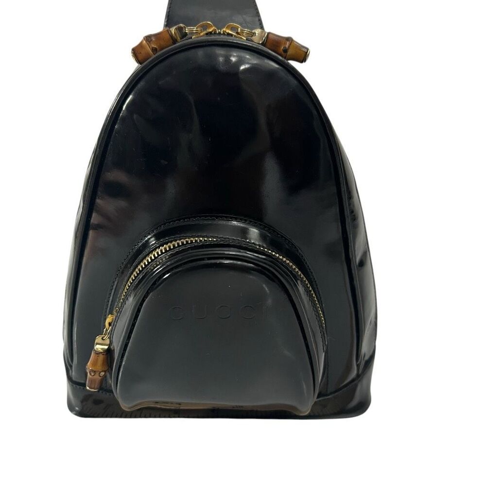 GUCCI Patent Leather Backpack Black Two Way w Strap Messenger Bag Bamboo Handle - Picture 12 of 12